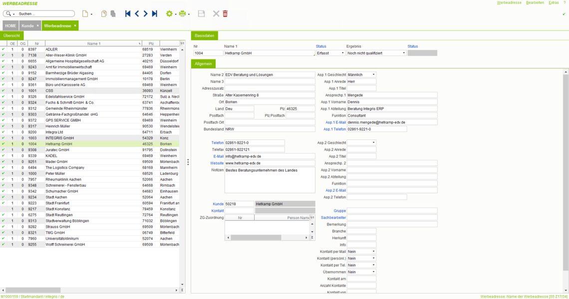 Adressen verwalten im CRM des eGECKO Integris ERP Software Komplettpakets