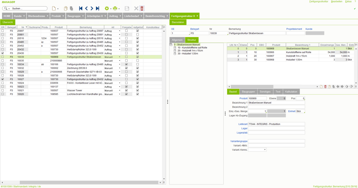 Im eGECKO Integris ERP Software Komplettpaket Fertigungsstrukturen planen und optimieren.