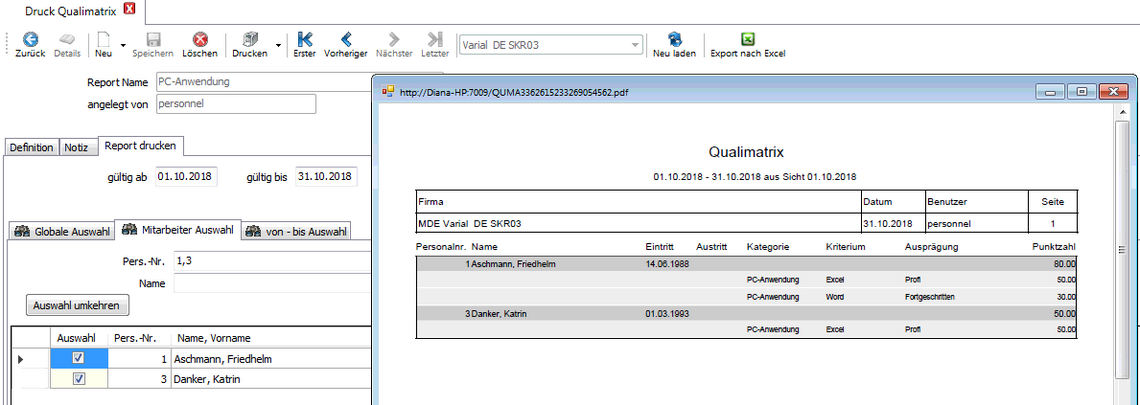 Sie können eine Qualimatrix für Mitarbeiter aus den Daten in der Varial Personalwesen-Software ausdrucken oder exportieren