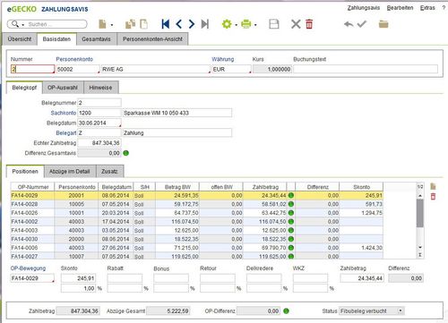 Die Maske des Zahlungsavis in der eGECKO Finanzwesen-Software