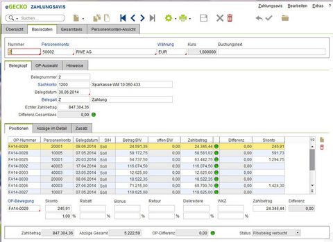Die Maske des Zahlungsavis in der eGECKO Finanzwesen-Software