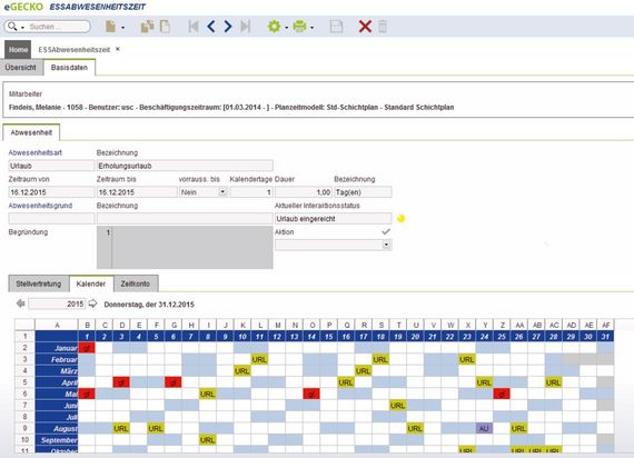 Abwesenheitszeiten dargestellt in der eGECKO Personalwesen-Software