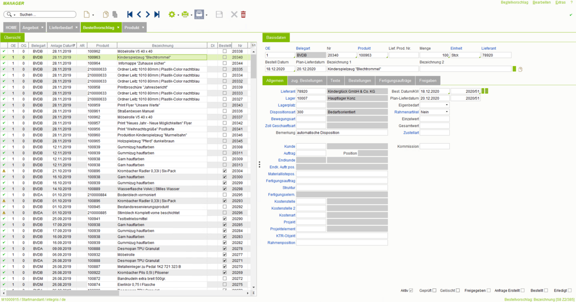 Bedarfsermittlung und Bestellvorschlag in dem eGECKO Integris ERP - Software Komplettpaket