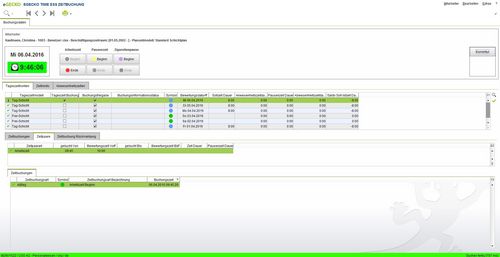 eGECKO Arbeitszeiterfassungsmaske zeigt die ESS Zeitbuchung eines Mitarbeiters