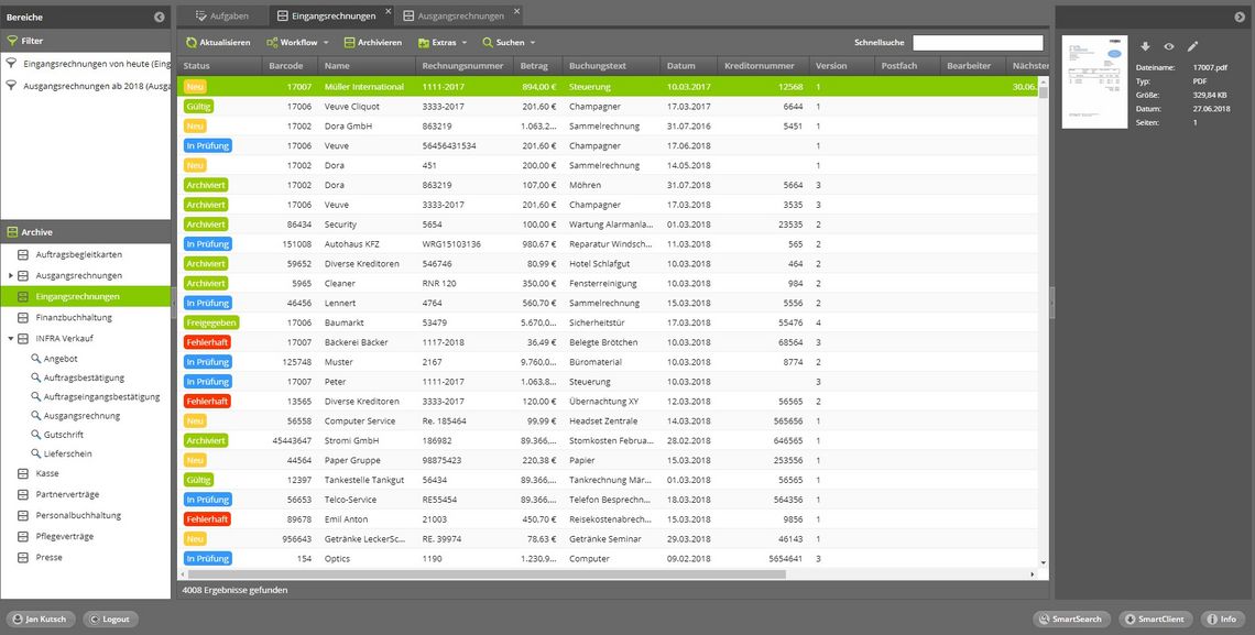 Software Maske am Bildschirm eines PCs mit dem Archiv der PHOENIX Dokumentenmanagementsoftware