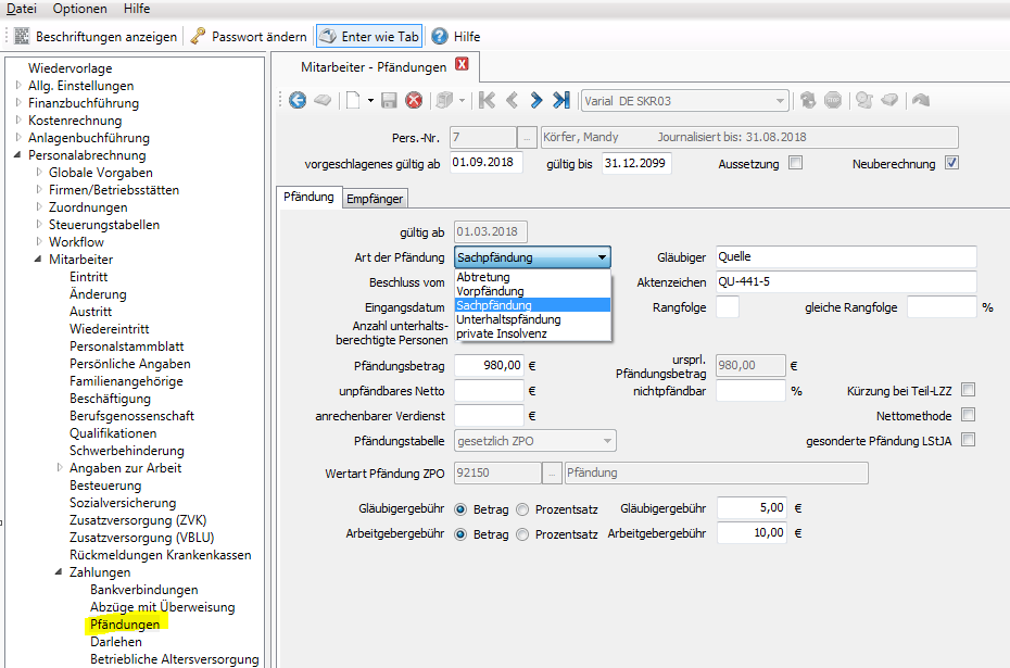 Sachpfändung anlegen im Modul Pfändungen der Varial Personalwesen-Software